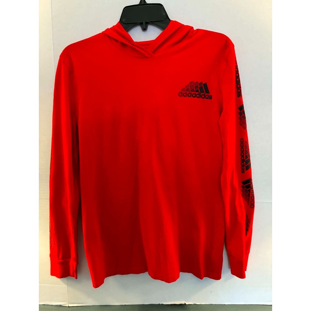 Adidas Boys L 14-16 Red Hooded Long Sleeve Graphic Logo Tee Athletic Shirt